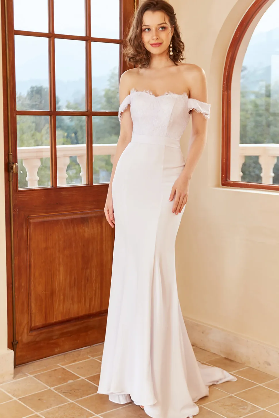 Sereia fora do ombro vestido de casamento branco com renda