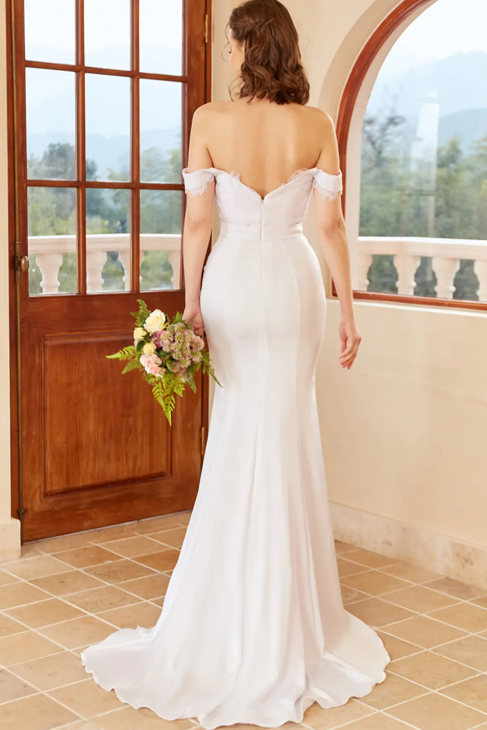 Sereia fora do ombro vestido de casamento branco com renda