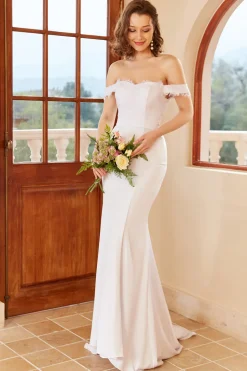 Sereia fora do ombro vestido de casamento branco com renda