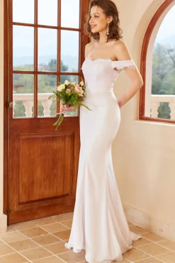 Sereia fora do ombro vestido de casamento branco com renda