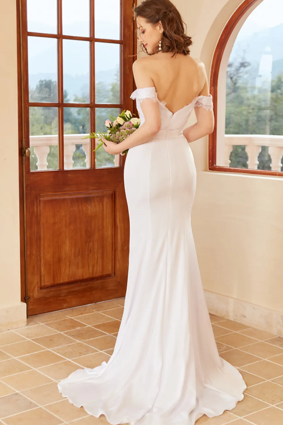 Sereia fora do ombro vestido de casamento branco com renda