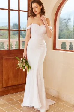 Sereia fora do ombro vestido de casamento branco com renda