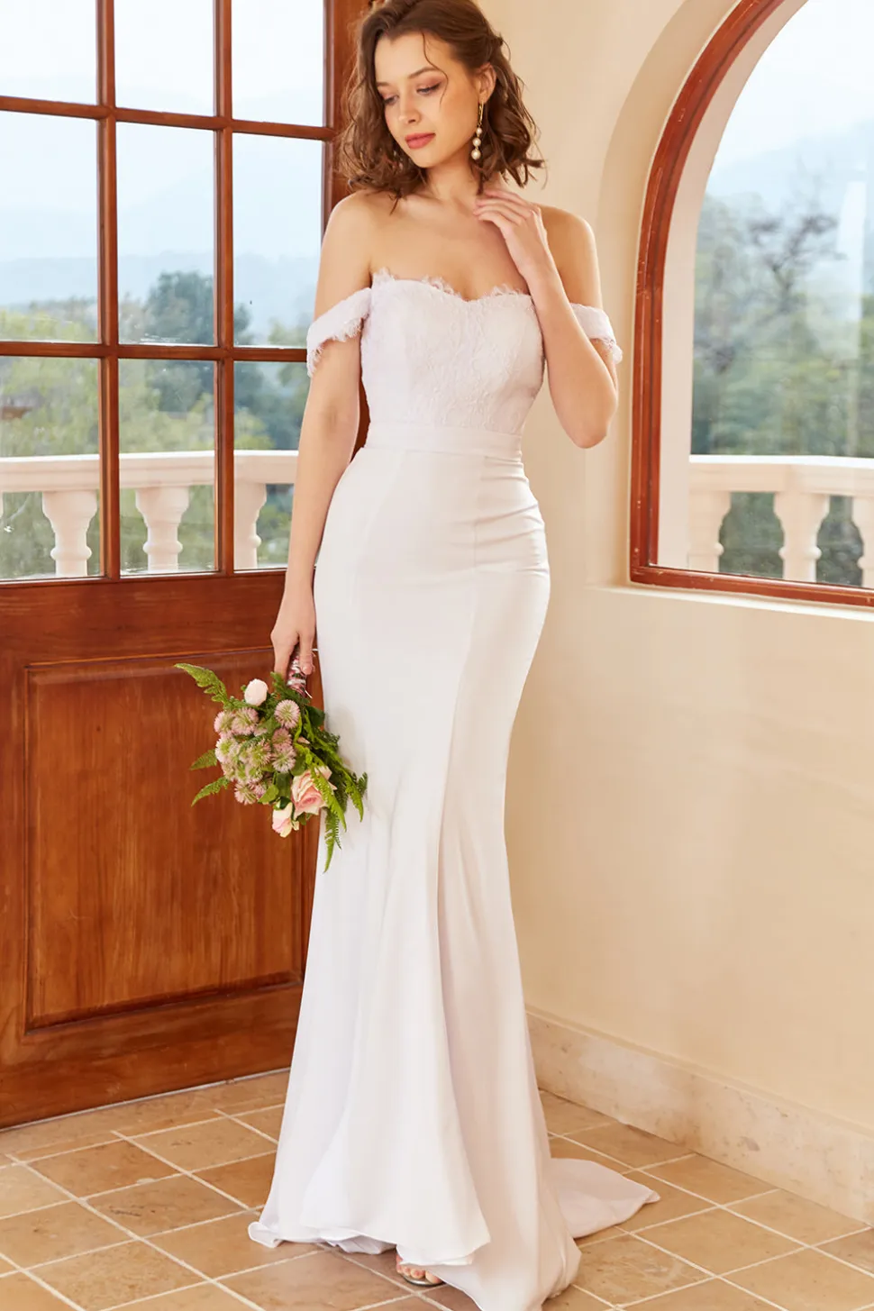 Sereia fora do ombro vestido de casamento branco com renda