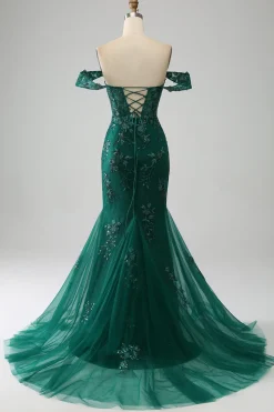 Sereia fora do ombro vestido de baile verde escuro com apliques
