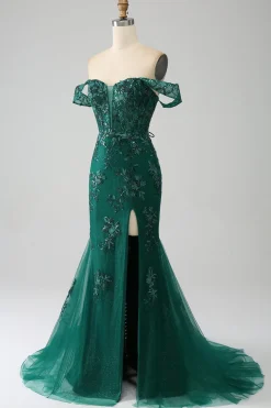 Sereia fora do ombro vestido de baile verde escuro com apliques
