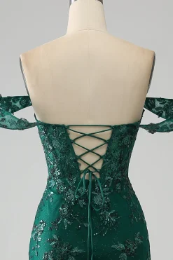 Sereia fora do ombro vestido de baile verde escuro com apliques