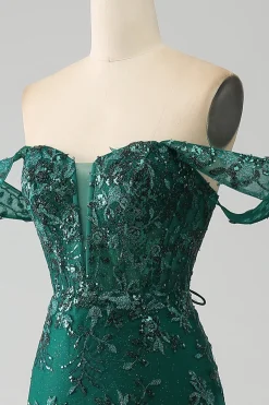 Sereia fora do ombro vestido de baile verde escuro com apliques