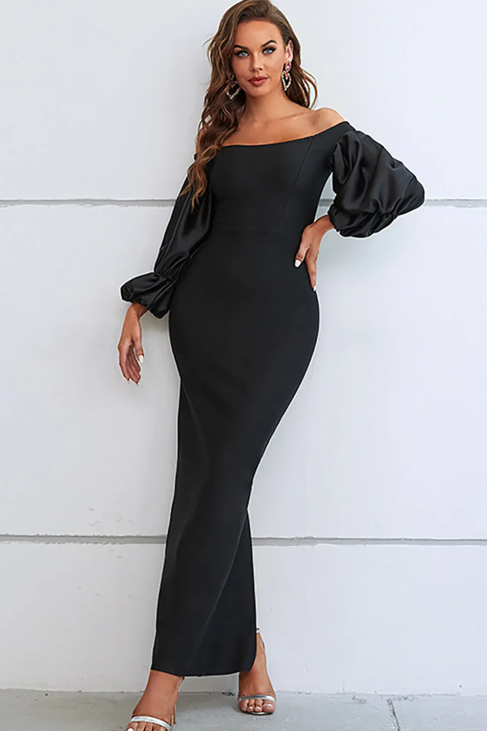 Sereia fora do ombro vestido formal preto com mangas puff