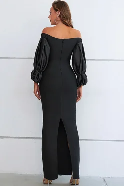 Sereia fora do ombro vestido formal preto com mangas puff