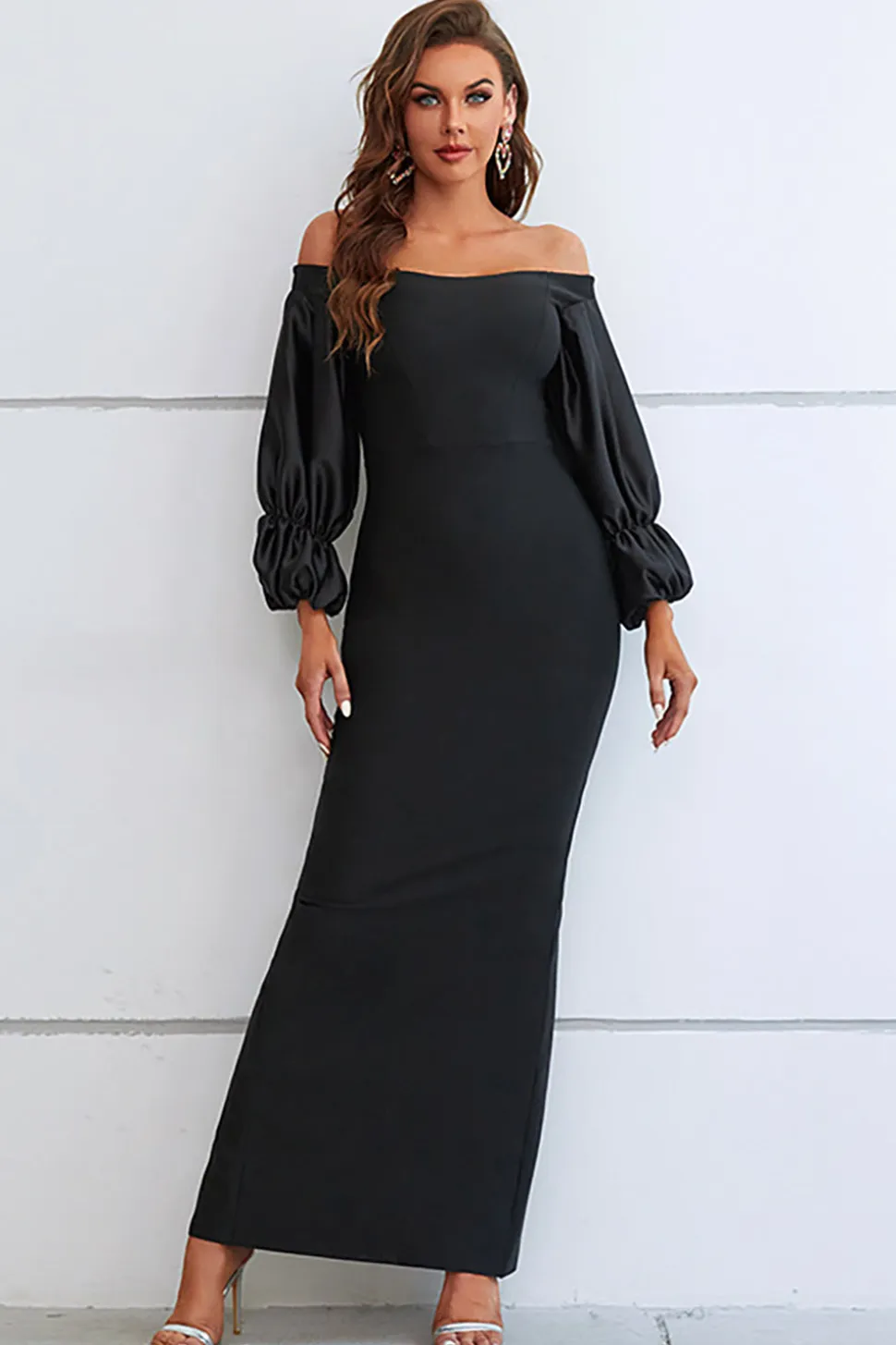 Sereia fora do ombro vestido formal preto com mangas puff