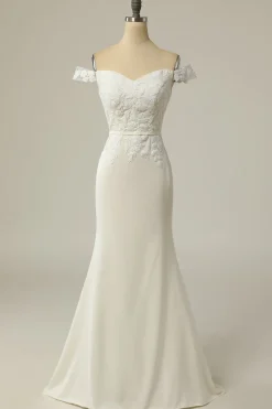 Sereia fora do ombro vestido de casamento branco com apliques