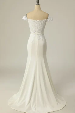 Sereia fora do ombro vestido de casamento branco com apliques