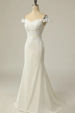 Sereia fora do ombro vestido de casamento branco com apliques