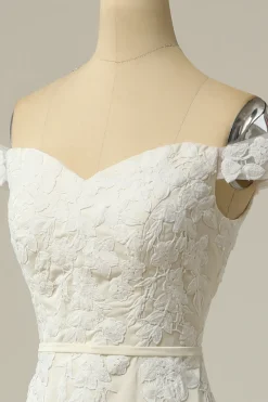 Sereia fora do ombro vestido de casamento branco com apliques