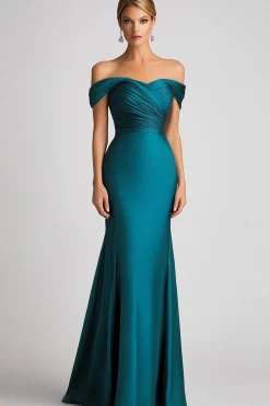 Sereia Fora O Ombro Pavão Azul Cetim Ruched Vestido Formal Longo