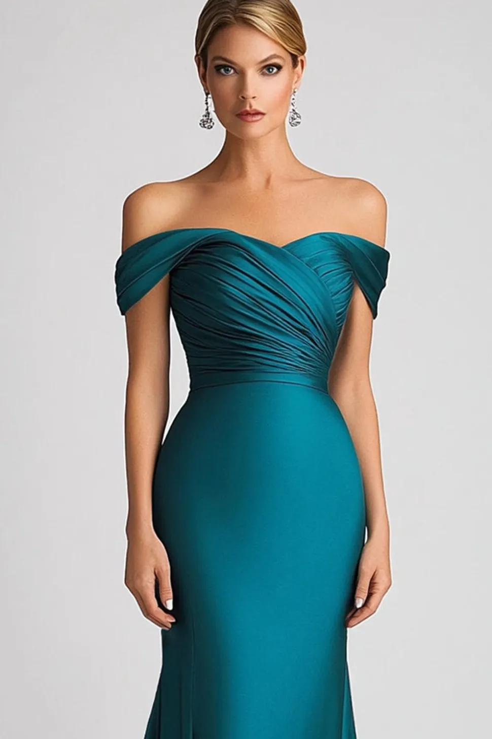 Sereia Fora O Ombro Pavão Azul Cetim Ruched Vestido Formal Longo