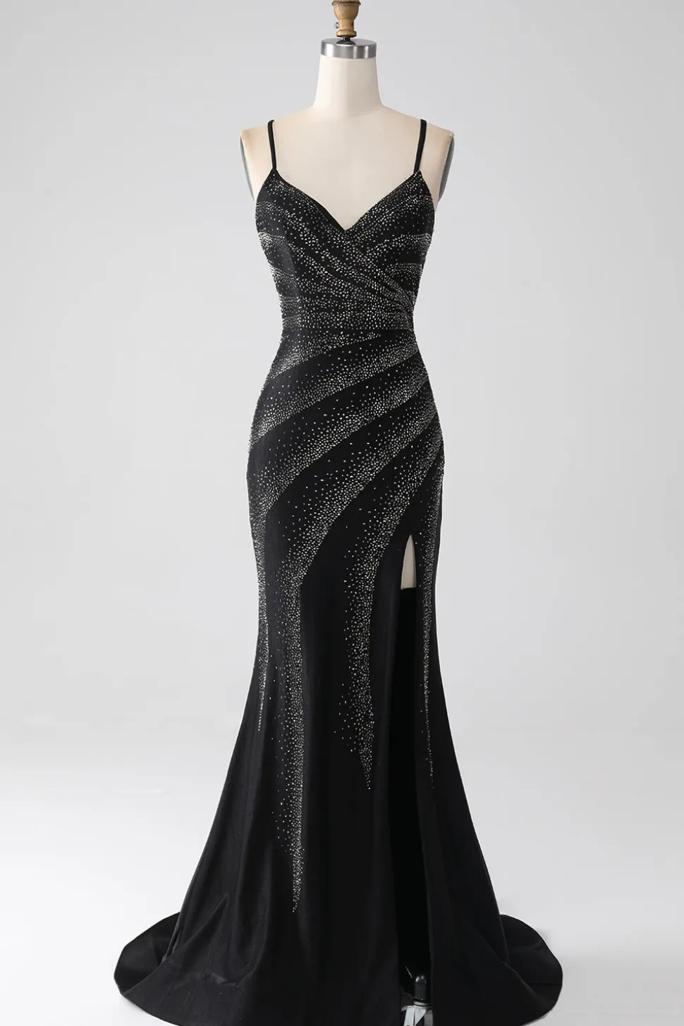 Sereia frisado vestido de baile preto com fenda