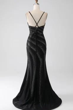 Sereia frisado vestido de baile preto com fenda