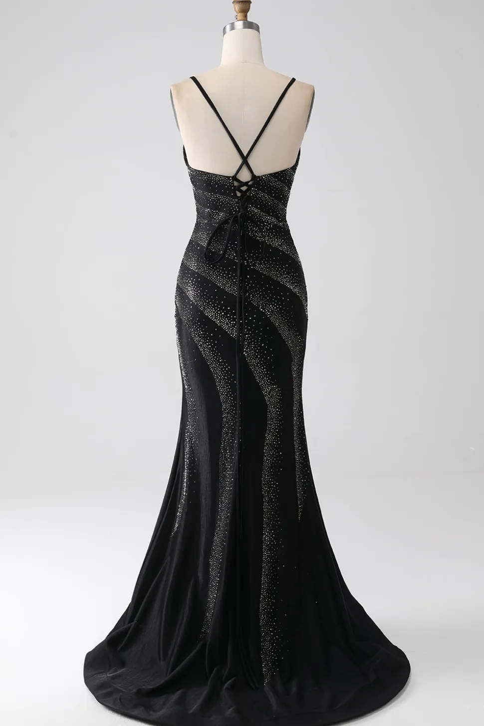 Sereia frisado vestido de baile preto com fenda