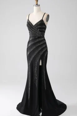 Sereia frisado vestido de baile preto com fenda