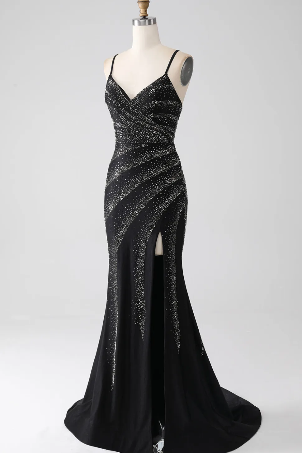 Sereia frisado vestido de baile preto com fenda