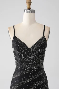 Sereia frisado vestido de baile preto com fenda