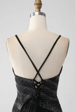 Sereia frisado vestido de baile preto com fenda