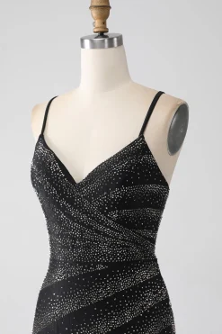 Sereia frisado vestido de baile preto com fenda