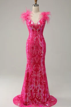 Sereia Fuchsia Lantejoulas Vestido de Festa Com Penas
