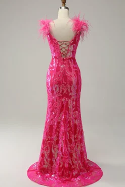 Sereia Fuchsia Lantejoulas Vestido de Festa Com Penas