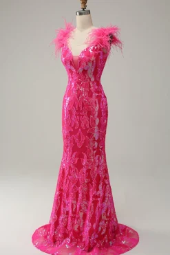 Sereia Fuchsia Lantejoulas Vestido de Festa Com Penas