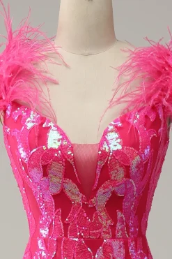Sereia Fuchsia Lantejoulas Vestido de Festa Com Penas