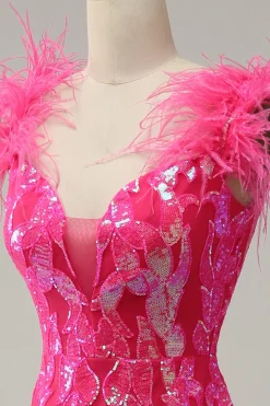 Sereia Fuchsia Lantejoulas Vestido de Festa Com Penas
