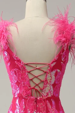 Sereia Fuchsia Lantejoulas Vestido de Festa Com Penas