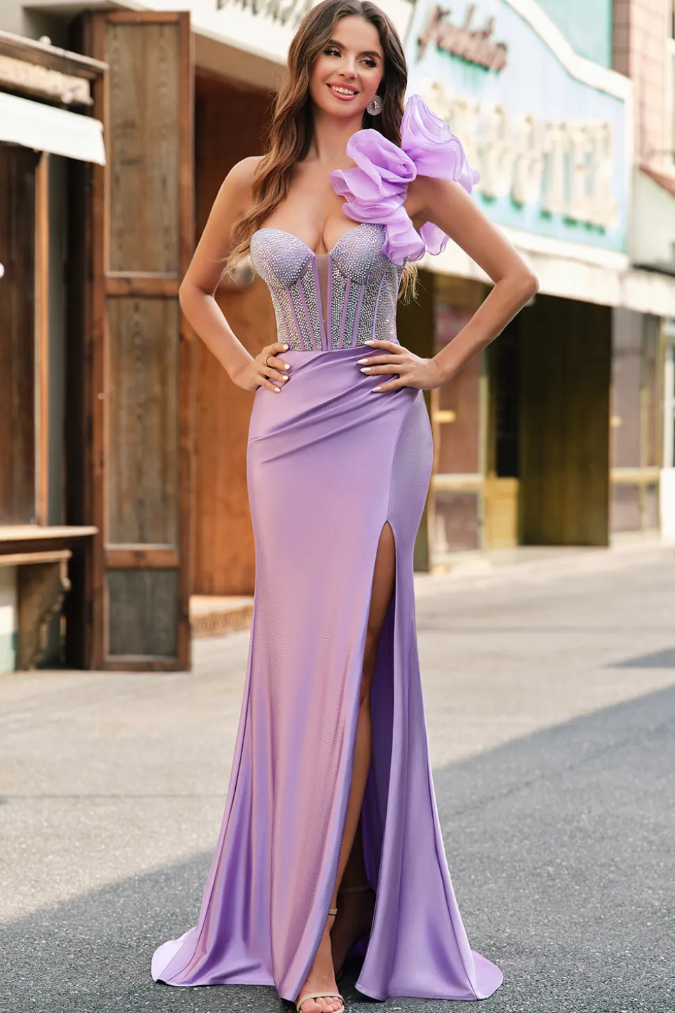 Sereia Fuchsia Um Ombro Removível Ruffles Long Prom Dress com Fenda