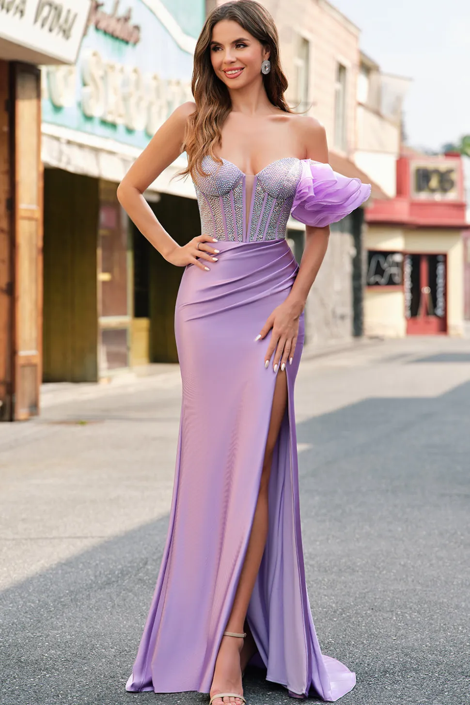Sereia Fuchsia Um Ombro Removível Ruffles Long Prom Dress com Fenda