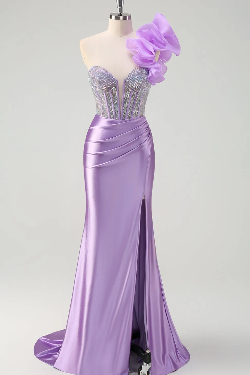 Sereia Fuchsia Um Ombro Removível Ruffles Long Prom Dress com Fenda