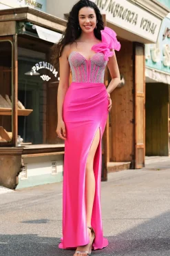 Sereia Fuchsia Um Ombro Removível Ruffles Long Prom Dress com Fenda