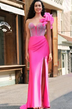 Sereia Fuchsia Um Ombro Removível Ruffles Long Prom Dress com Fenda
