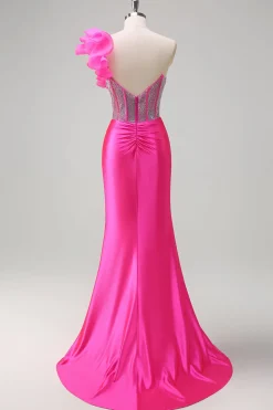 Sereia Fuchsia Um Ombro Removível Ruffles Long Prom Dress com Fenda