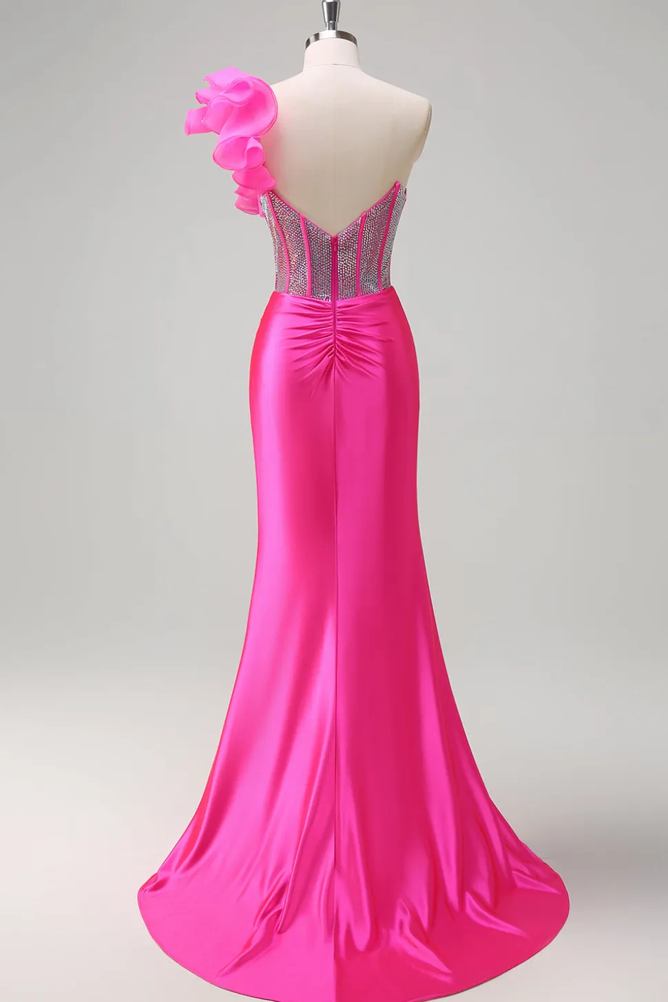 Sereia Fuchsia Um Ombro Removível Ruffles Long Prom Dress com Fenda