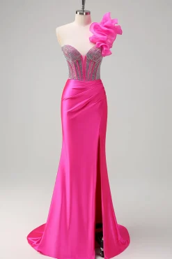 Sereia Fuchsia Um Ombro Removível Ruffles Long Prom Dress com Fenda