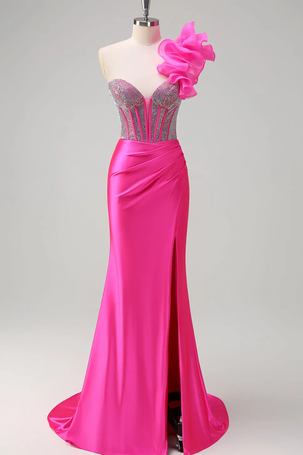 Sereia Fuchsia Um Ombro Removível Ruffles Long Prom Dress com Fenda
