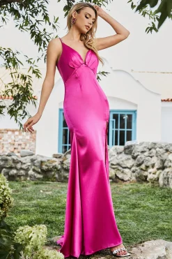 Sereia Fuchsia vestido de baile frisado com fenda