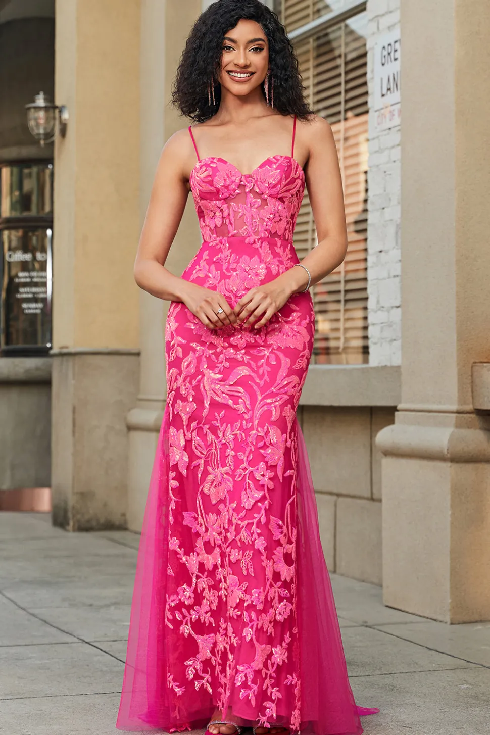 Sereia Fuchsia Vestido Longo Baile com Apliques