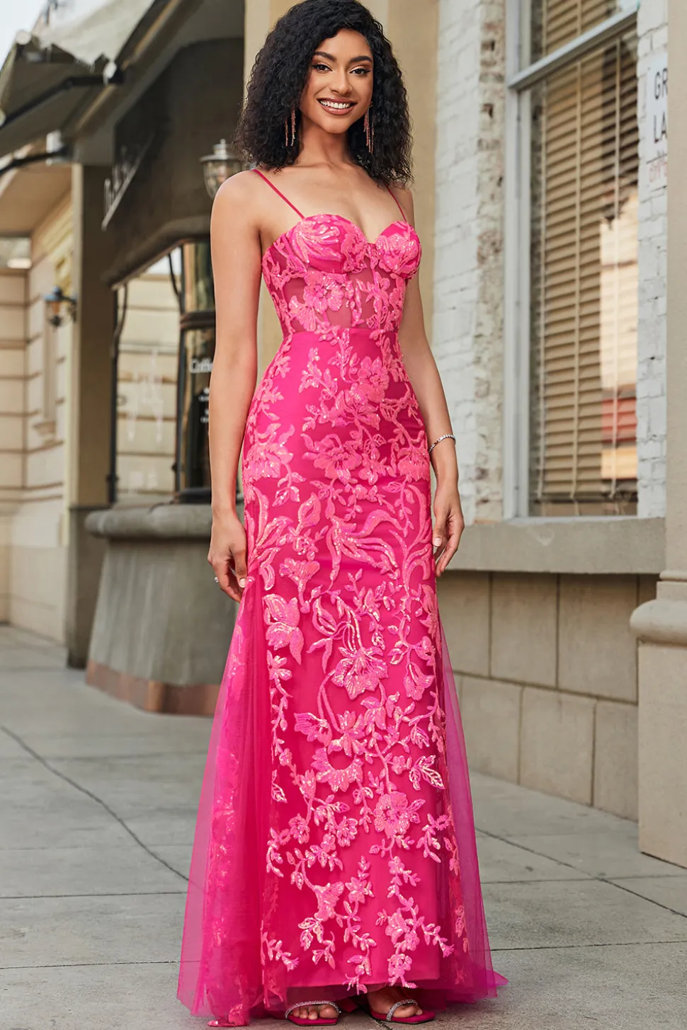 Sereia Fuchsia Vestido Longo Baile com Apliques