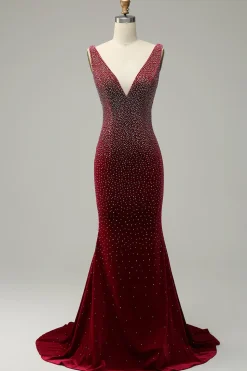Sereia Gola em V Borgonha Vestido de Festa