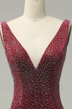 Sereia Gola em V Borgonha Vestido de Festa