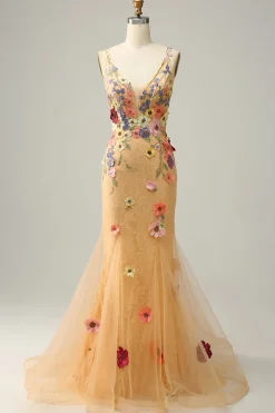 Sereia Gola em V Champanhe Vestido de Festa com Apliques