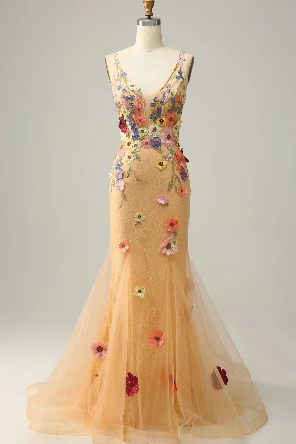 Sereia Gola em V Champanhe Vestido de Festa com Apliques